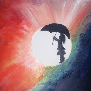 Akrylbild: Kind mit Regenschirm, behütet
