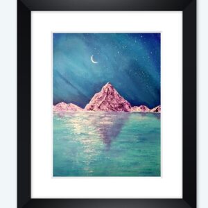 Landschaft mit Berg und Spiegelung im Wasser, Mond am Himmel