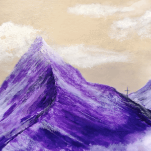 Malerei einer lilanen Berglandschaft