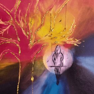 Akrylbild Frau auf einer Schaukel, die an einem Baum hängt. Bunte Farben, hoffnungsvoll